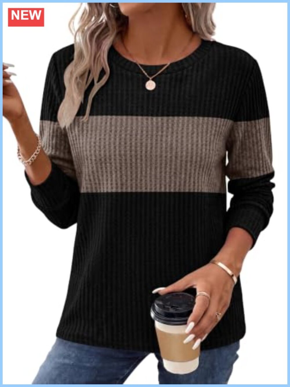 Waffle Knit Color Block Long Sleeve Tunic Sweater Pullover Crew Neck